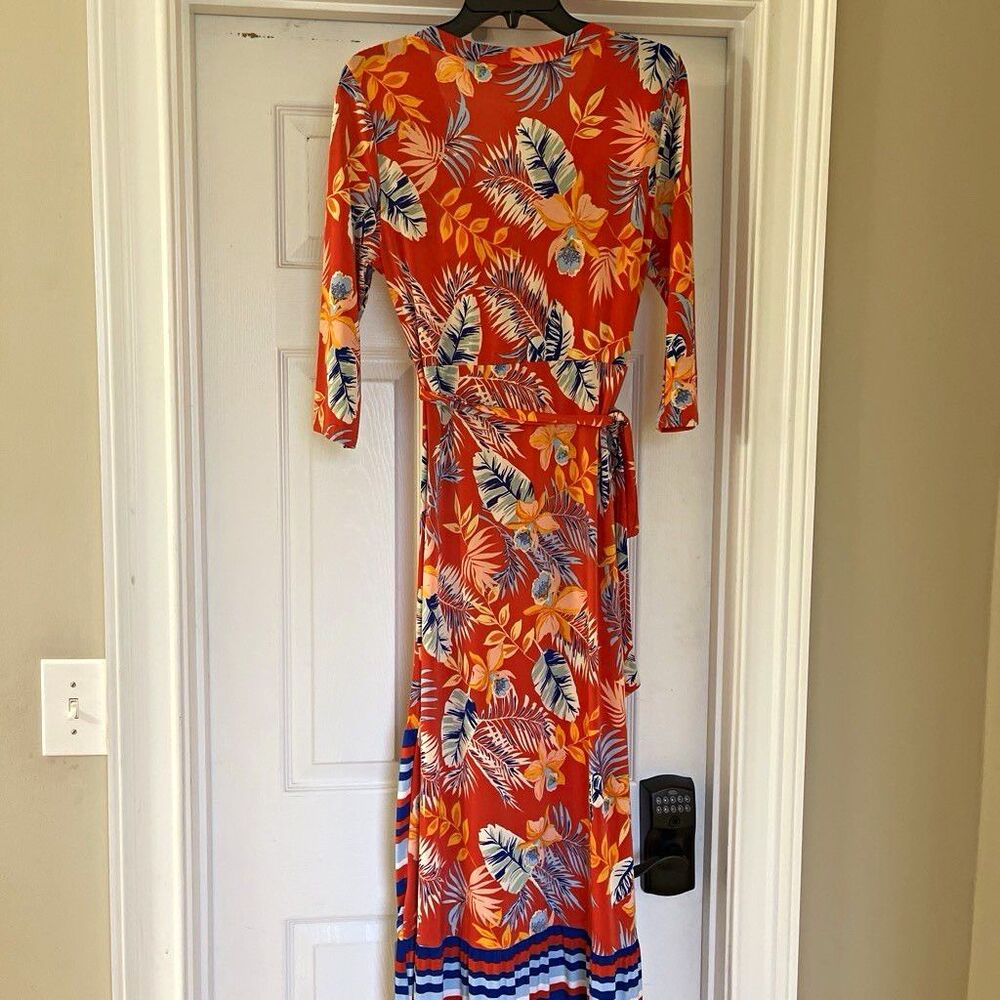 mlle gabrielle Women’s Orange Floral Maxi Wrap Dress V-Neck Belted L